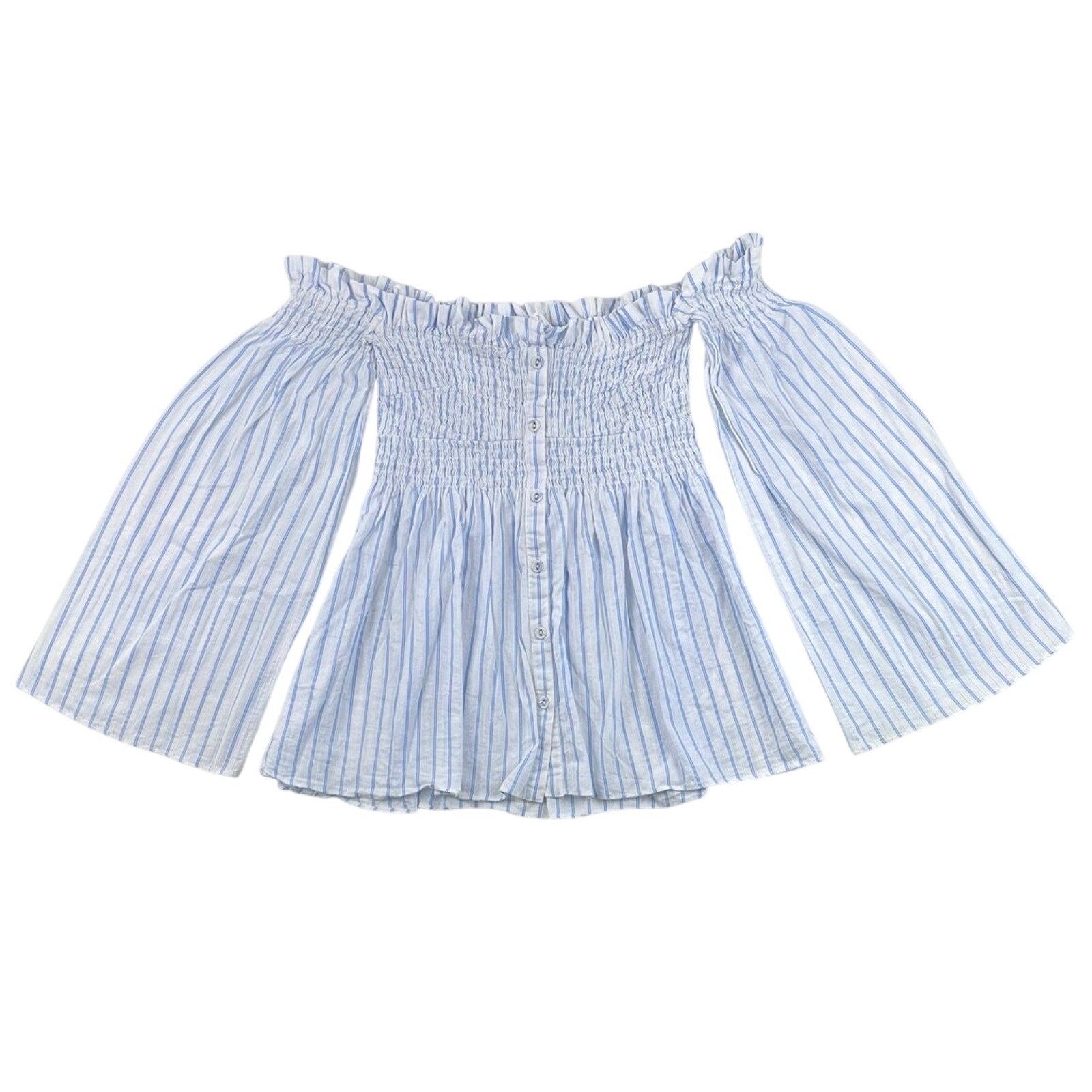 Astr The Label Off Shoulder Smocked Blouse Blue White Stripe Babydoll Top - S